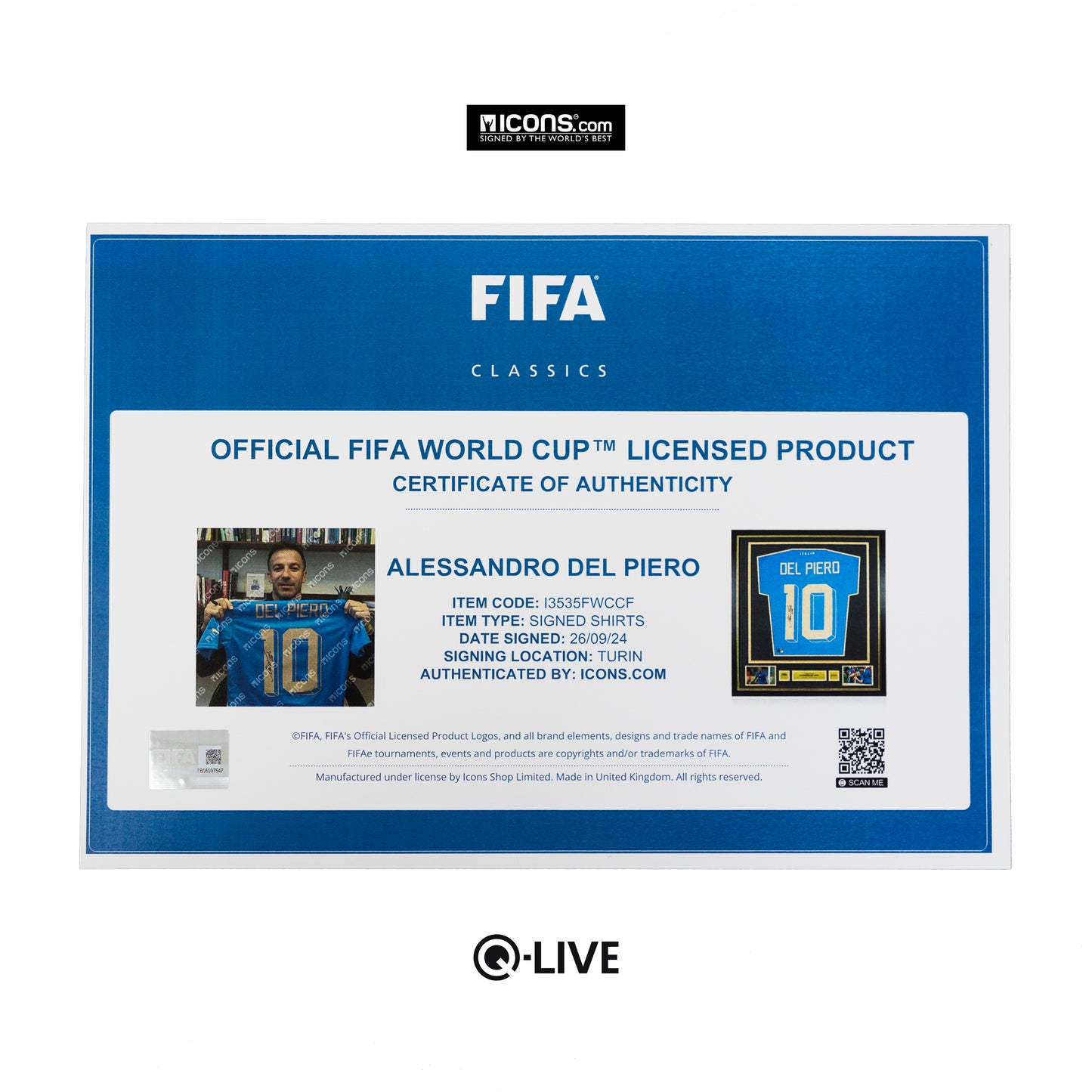 Alessandro Del Piero Official FIFA World Cup™ Back Signed and Framed Italy 2022-23 Home Shirt with Fan Style Numbers