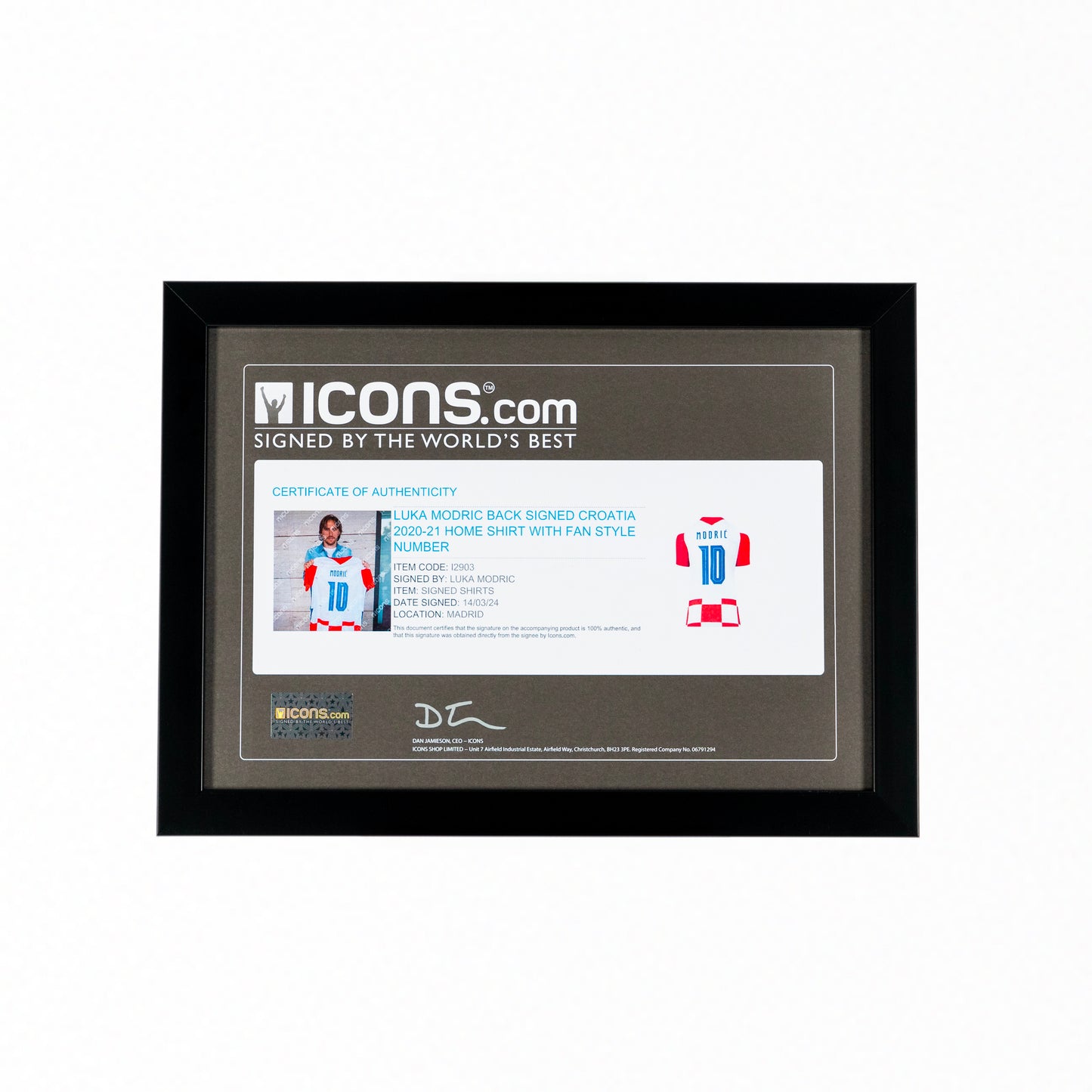 Luka Modrić Official UEFA EURO 2024 Back Signed and Framed Croatia 2020-21 Home Shirt with Fan Style Number