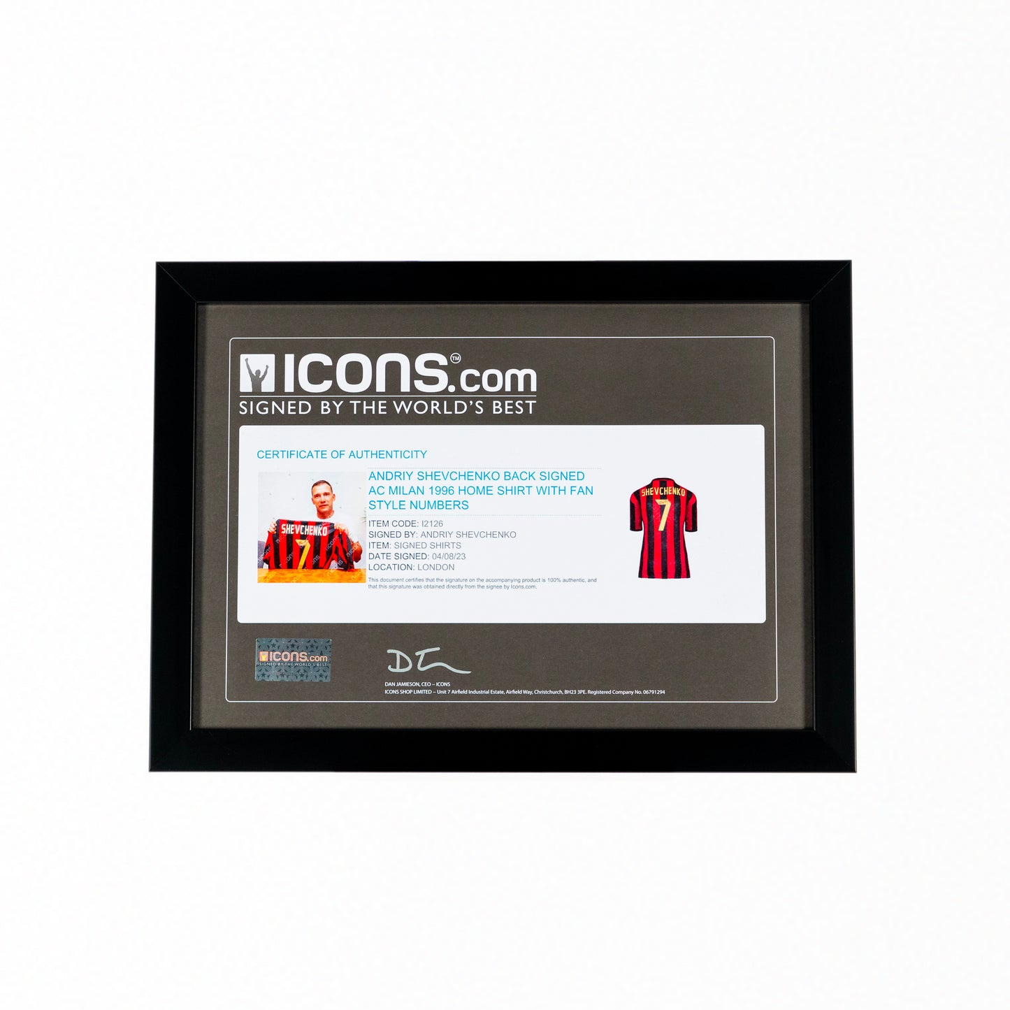Andriy Shevchenko Back Signed AC Milan 1996 Home Shirt with Fan Style Numbers In Classic Frame