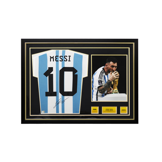Lionel Messi Official 2022 FIFA World Cup™ Back Signed and Hero Framed Argentina 2022 Home Shirt: Two Star Edition